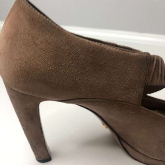 Prada Dark Tan Suede Elastic Ruched Strappy Heels - Picture 15 of 16